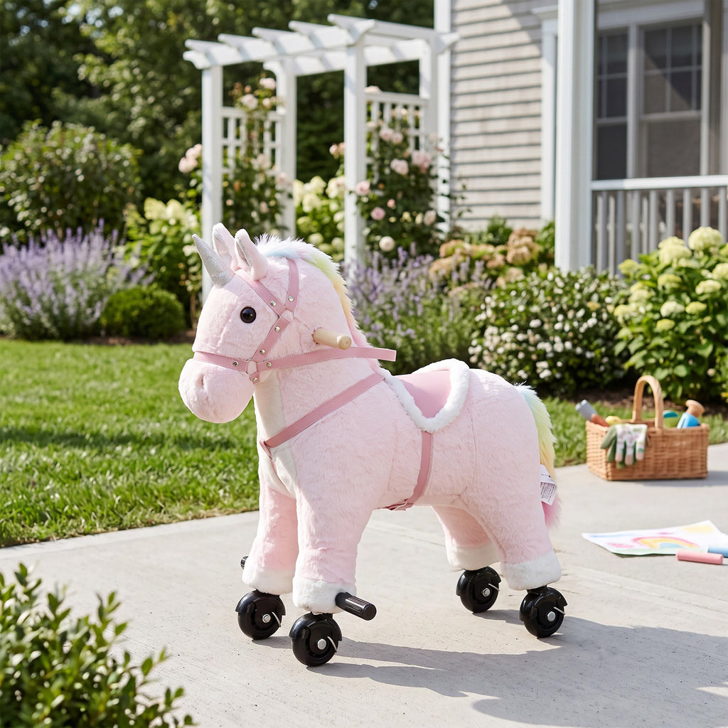 Cheval à Monter pour Enfant, Cheval à Roulettes en Peluche avec Effets Sonores, pour 1 à 3 Ans, Charge Max. 40kg, Rose-1