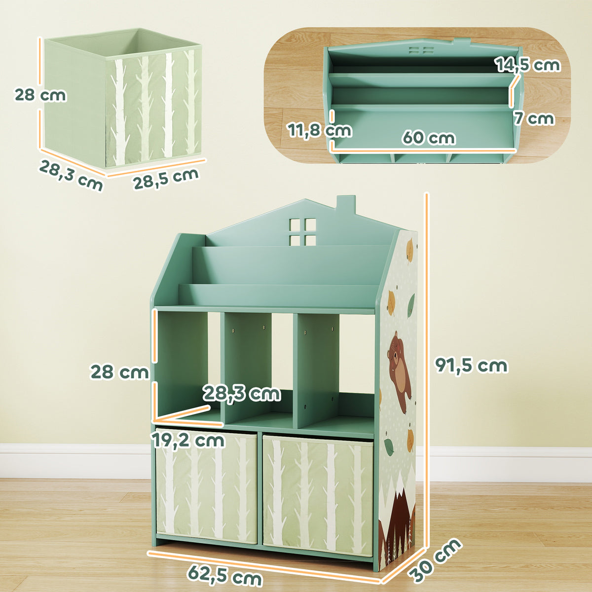 Meuble rangement enfant, bibliothèque enfants avec étagères ouvertes et 2 tiroirs en tissu, MDF, vert-2
