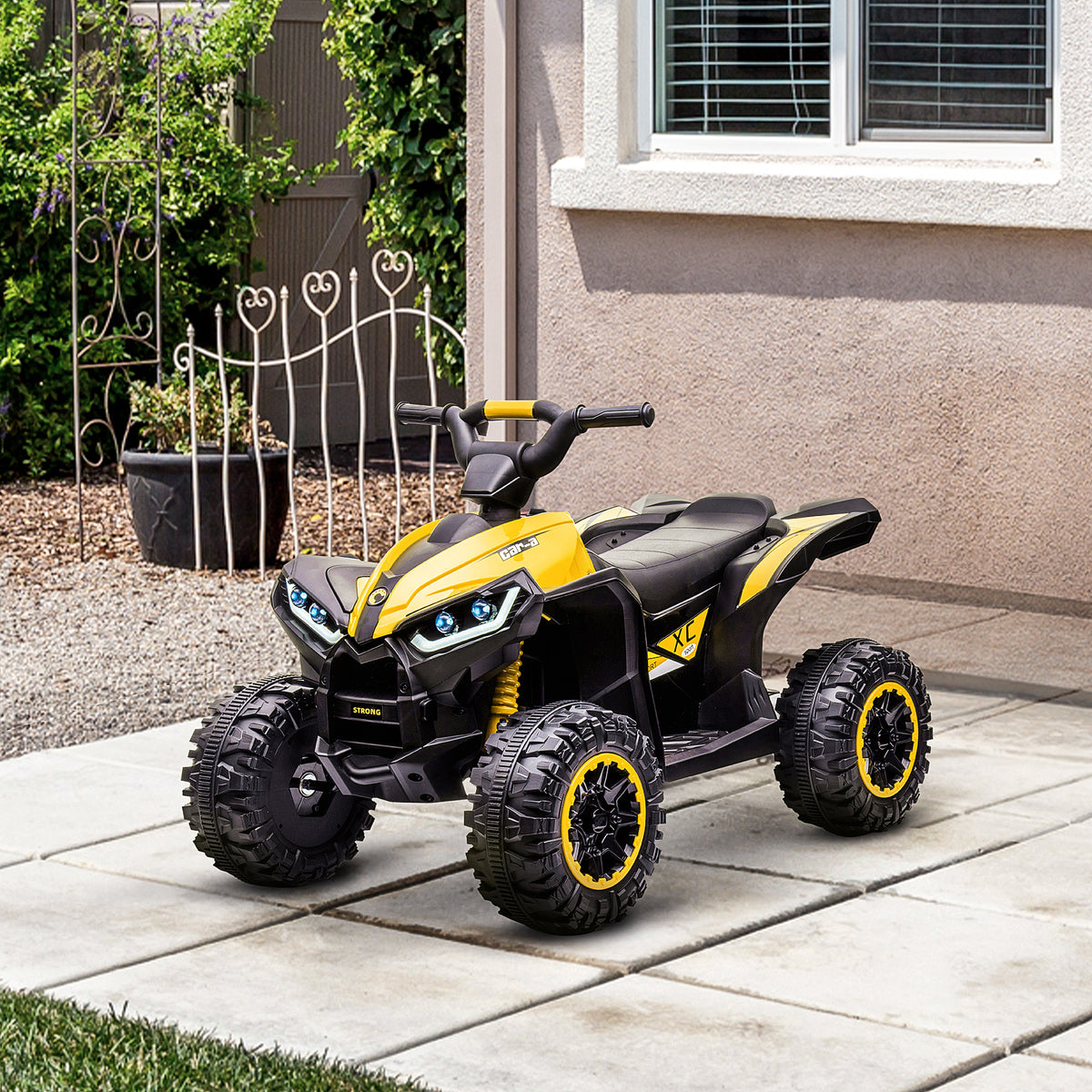 Quad électrique enfant 12 V, voiture électrique enfants 2 moteurs 2 vitesses 3-6 km/h, phares LED, klaxon, pour enfant de 3 à 5 ans, poignée et selle ergonomique, jaune-9