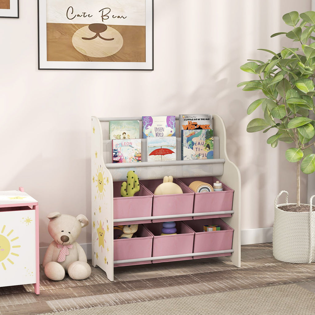 Meuble Rangement Enfant, Rangement Jouet Enfant, 6 Tiroirs en Tissu et Étagère à Deux Niveaux, 63x30x71cm, Rose-9