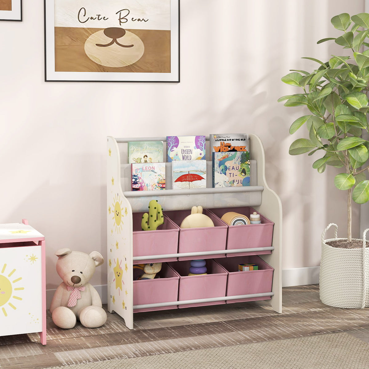Meuble Rangement Enfant, Rangement Jouet Enfant, 6 Tiroirs en Tissu et Étagère à Deux Niveaux, 63x30x71cm, Rose-9