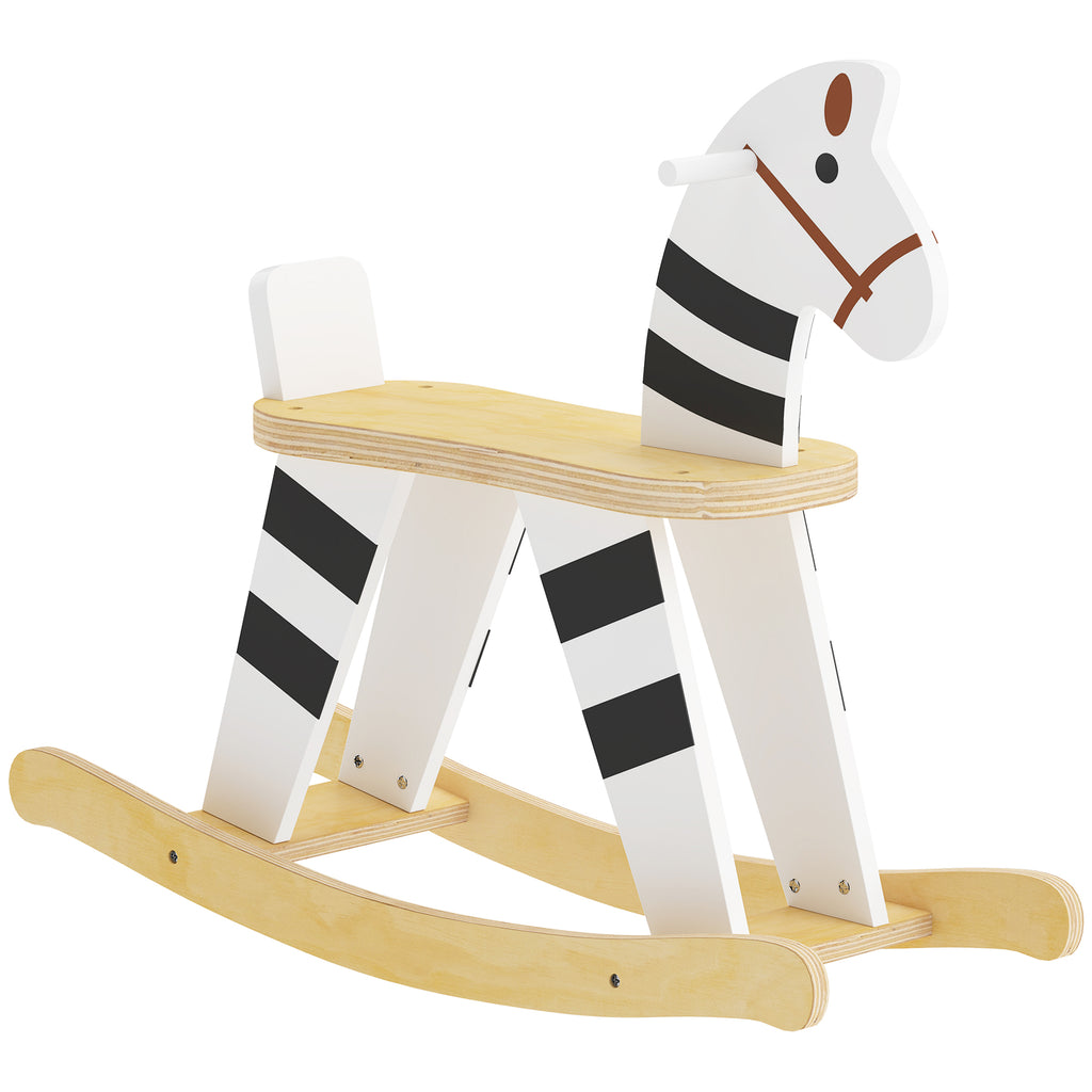 Cheval à Bascule pour Enfant, Jouet à Bascule pour Enfant avec Base en Bois et Dossier, 18 Mois à 3 Ans, Noir et Blanc-0