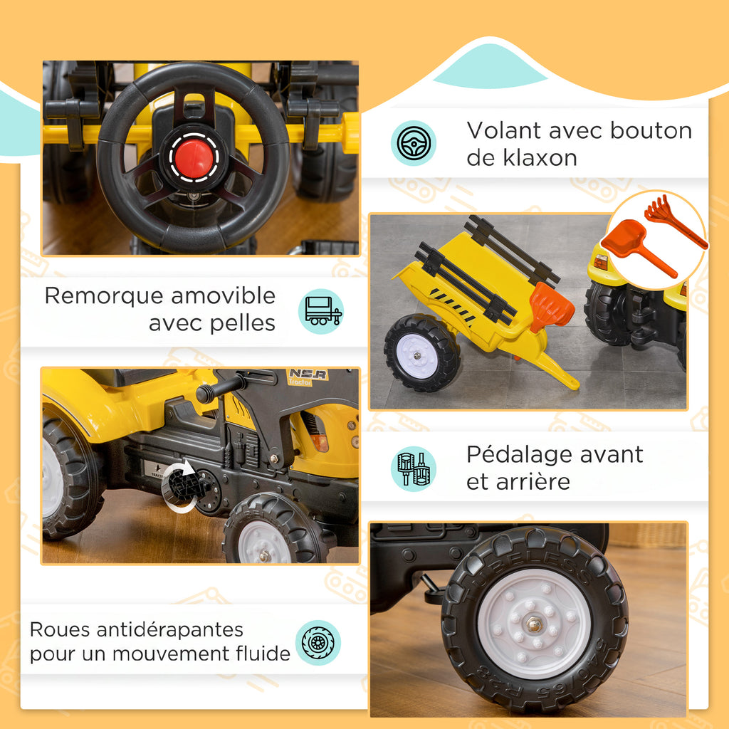 Tracteur à pédales tractopelle avec remorque Pelle et râteau Jeu de Plein air Enfants à partir de 3 Ans Jaune Noir-4