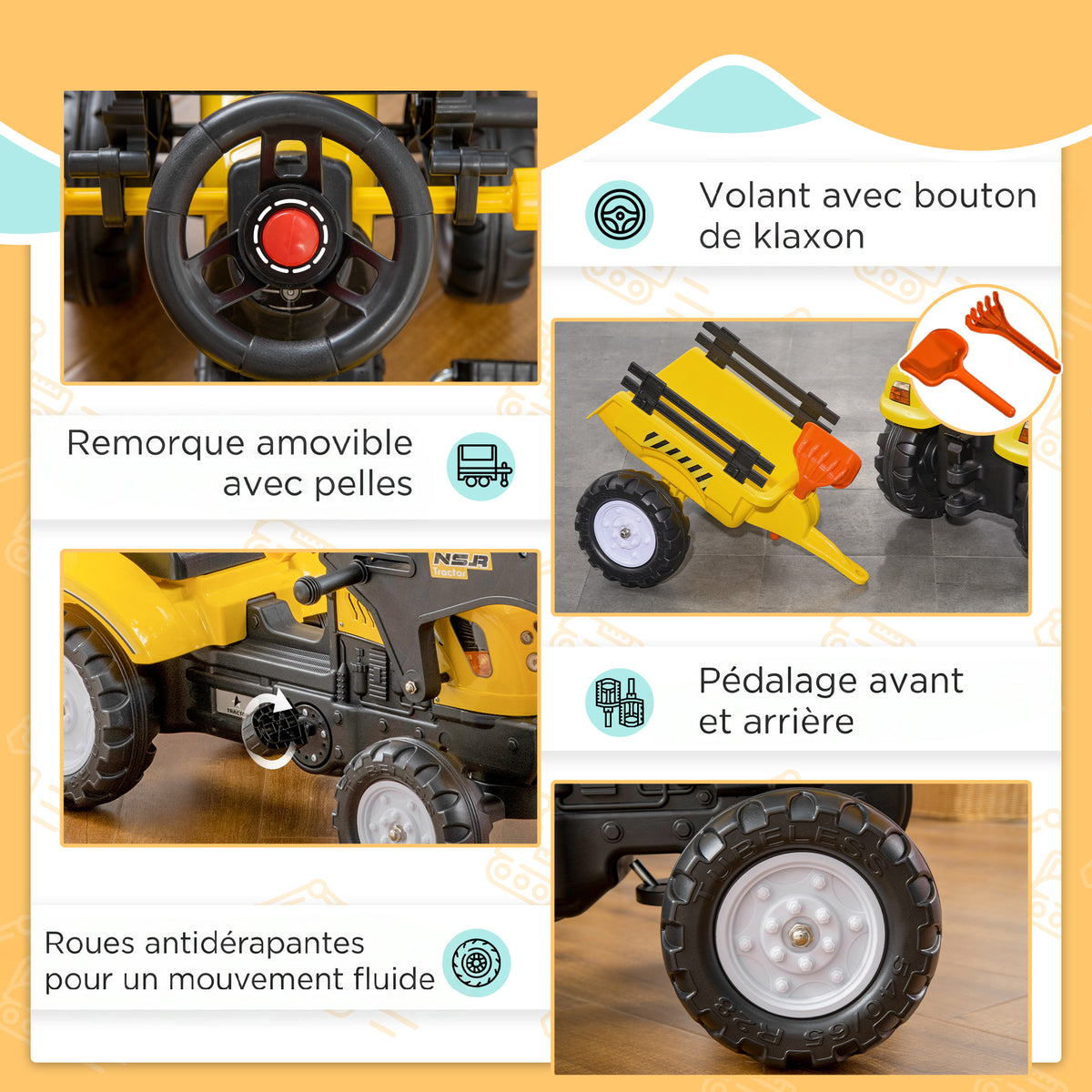 Tracteur à pédales tractopelle avec remorque Pelle et râteau Jeu de Plein air Enfants à partir de 3 Ans Jaune Noir-4