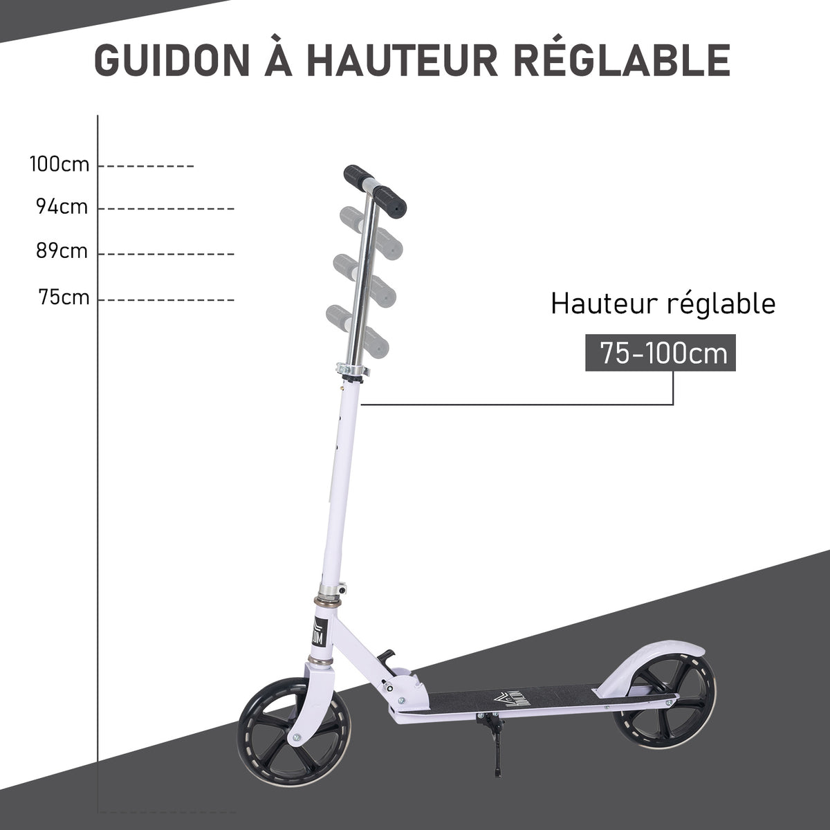 Trottinette Pliable Hauteur Guidon réglable sur 4 Niveaux système de freinage arrière pour enfant adolescent pois max. 100KG dim. 88L x 37l x 75-100H cm Blanc-4