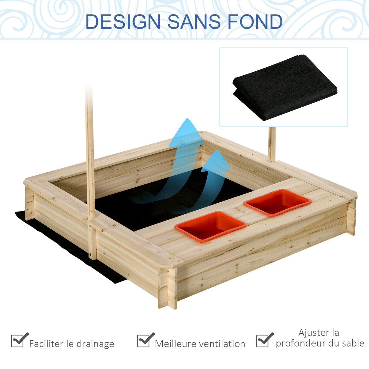 Bac à Sable Bois Sapin carré dim. 1,18 x 1,18 x 1,18 m - Hauteur, Inclinaison Toit réglables, refermable - 2 bacs-4