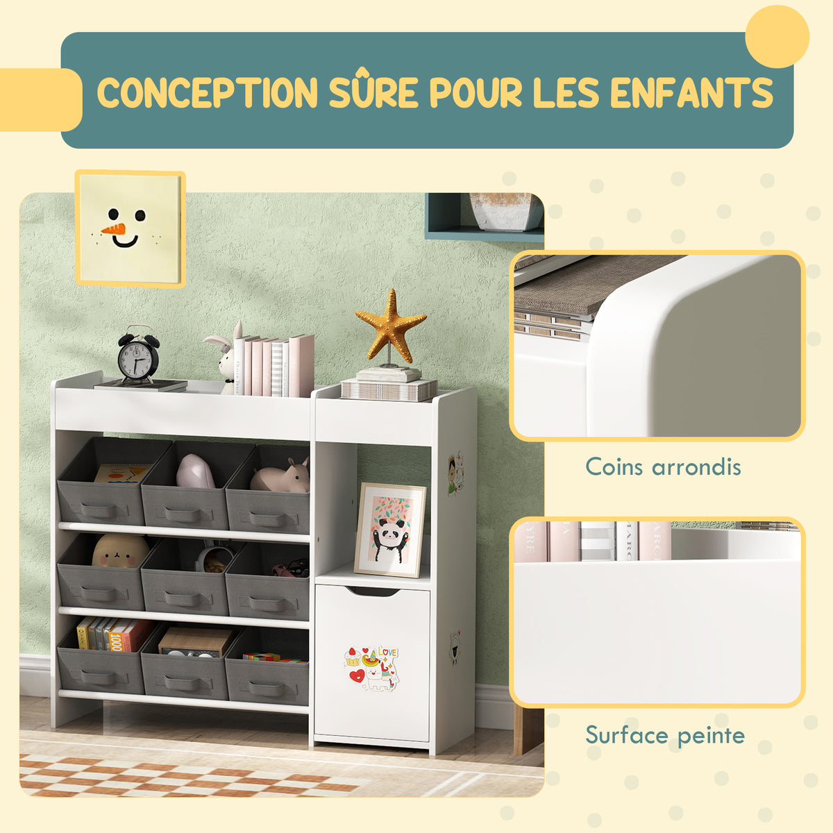 Meuble rangement enfant étagère de rangement pour jouets enfants avec 9 tiroirs en tissu et placard, blanc-4