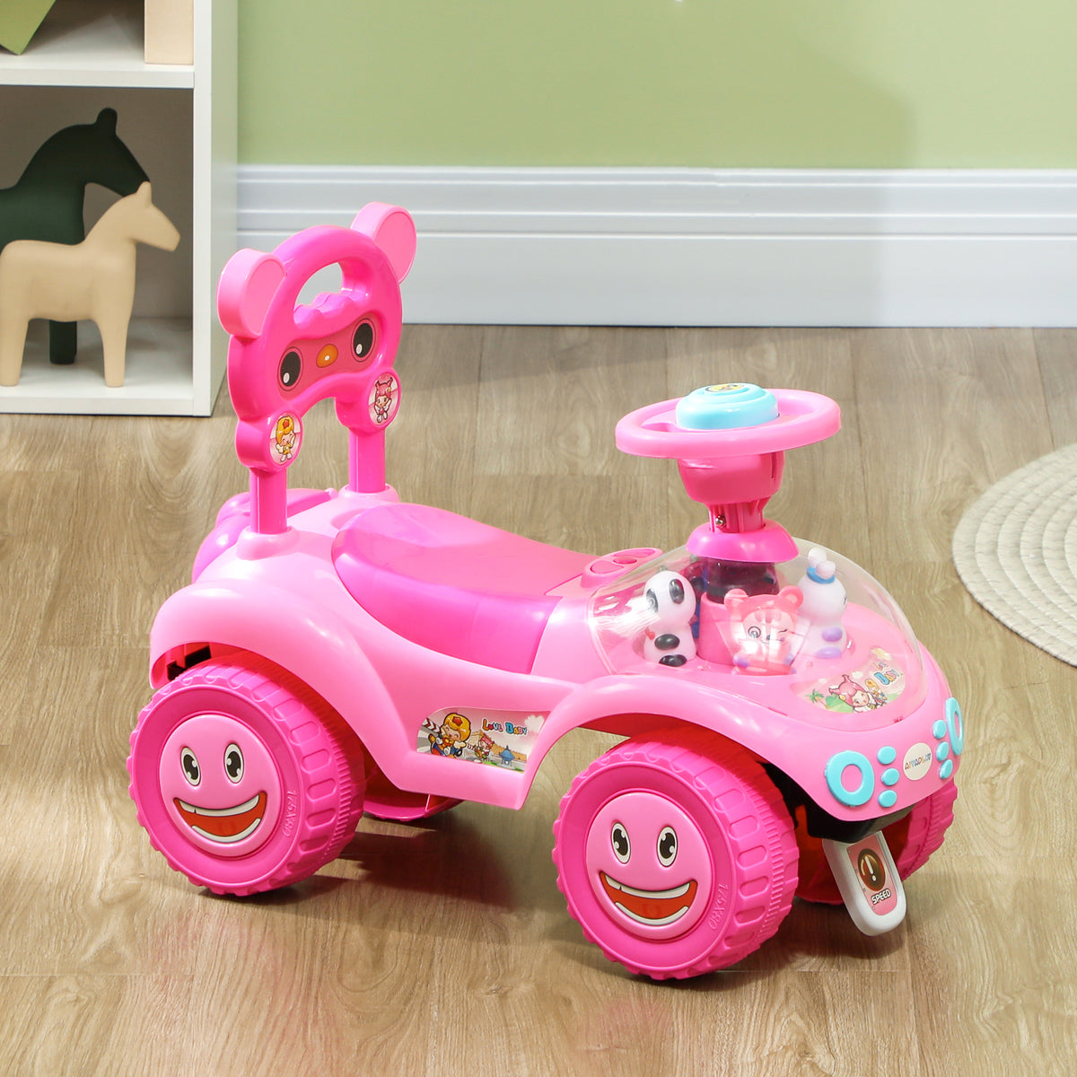 Voiture Porteur pour Enfants, Véhicule à Pousser avec Klaxon, Lumières, Musique, Volant, Rangement Sous le Siège, Rose-9