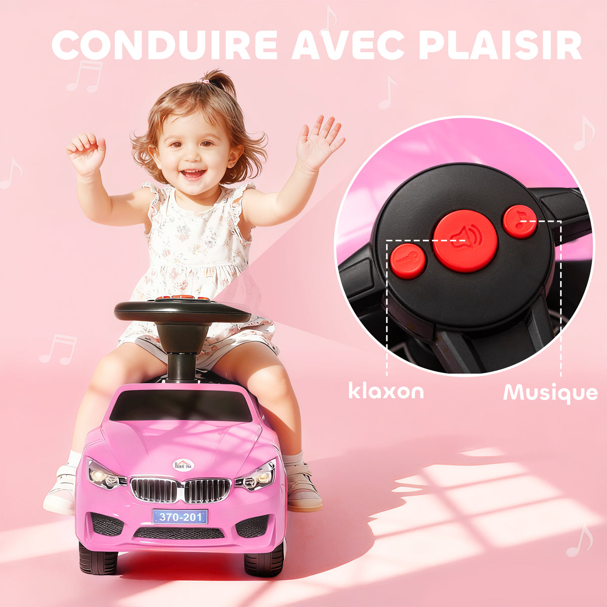 Porteur enfants voiture, véhicule à pousser avec coffre à jouets, klaxon, phares et musique, 63,5 x 28 x 36 cm, rose-8