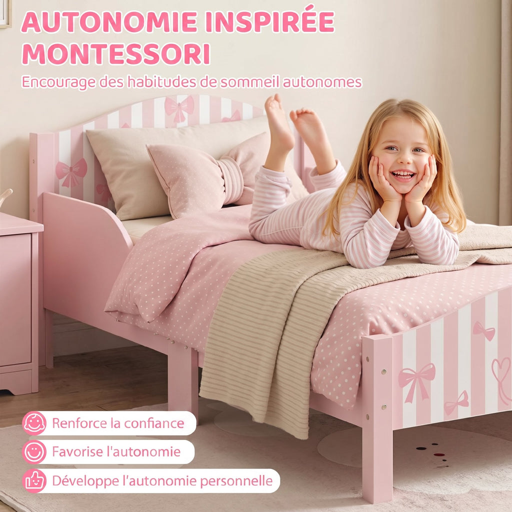 Lit Enfant 70 x 140 cm, Lit pour Enfant avec Barrière de Sécurité et Sommier à Lattes en Bois, Motif Nœud, Rose-5