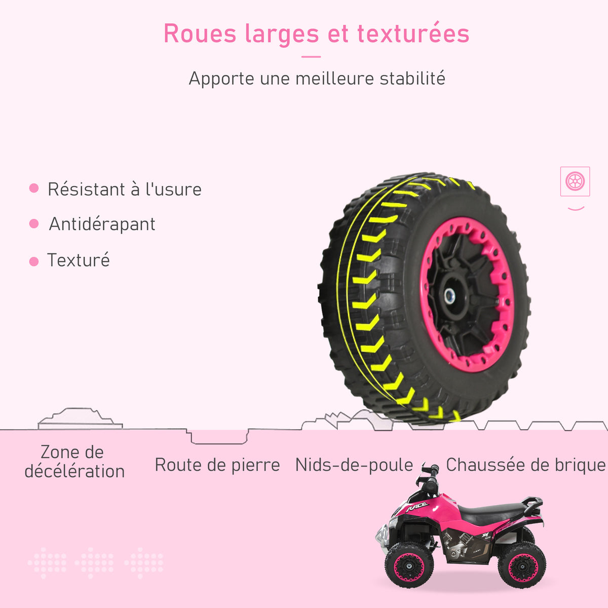 Porteur Enfants SANS Moteur Quad 18-36 Mois dim. 67L x 38l x 44H cm Effets Lumineux et sonores Rose Noir PAS ÉLECTRIQUE-6