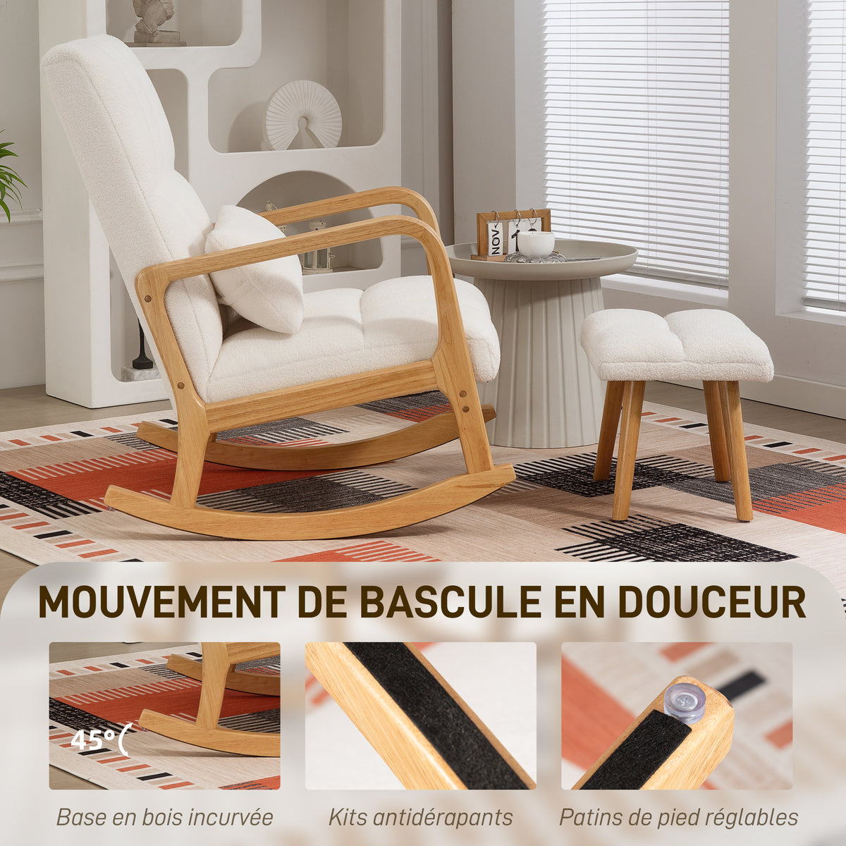 Fauteuil à bascule avec repose-pieds, rocking chair en tissu bouclette, pieds en bois, 64,5 x 82 x 89 cm, blanc-3