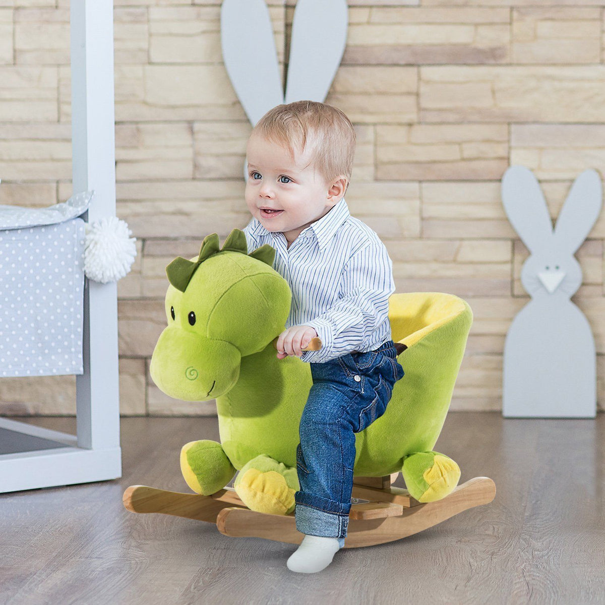 Jouet à Bascule Dinosaure Ceinture de sécurité Effet sonore 32 chansons pour enfants de 18+ Mois Bois Peluche Verte-1