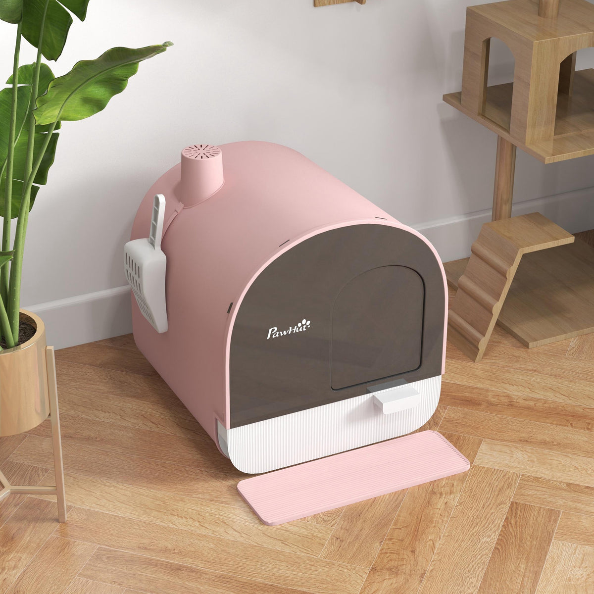 Bac à litière pour chat avec porte battante pelle et filtre inclus dim. 43L x 44l x 47H cm rose-7