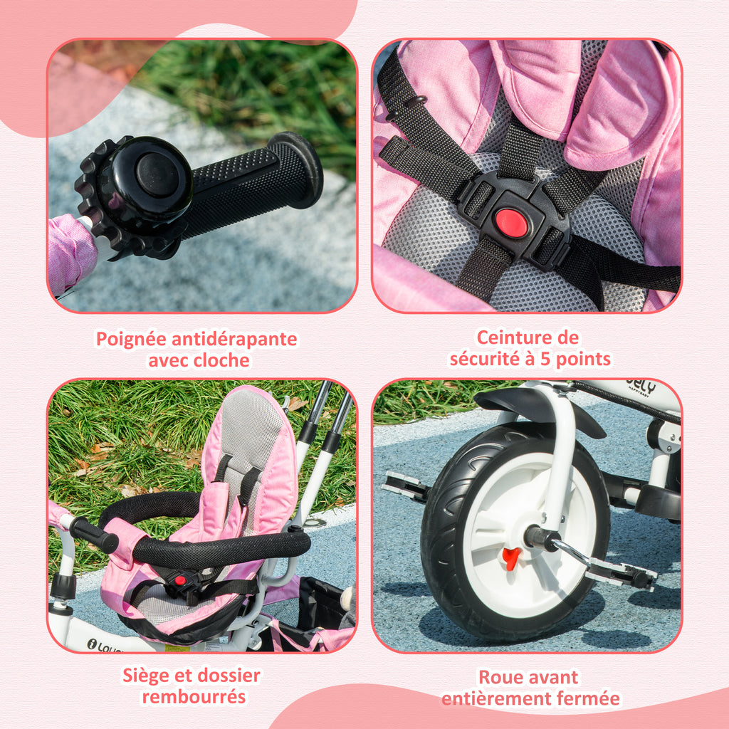 Tricycle Enfant évolutif Pare-Soleil Pliable Canne télescopique Amovible 95 x 50 x 106 cm Acier Rose-3