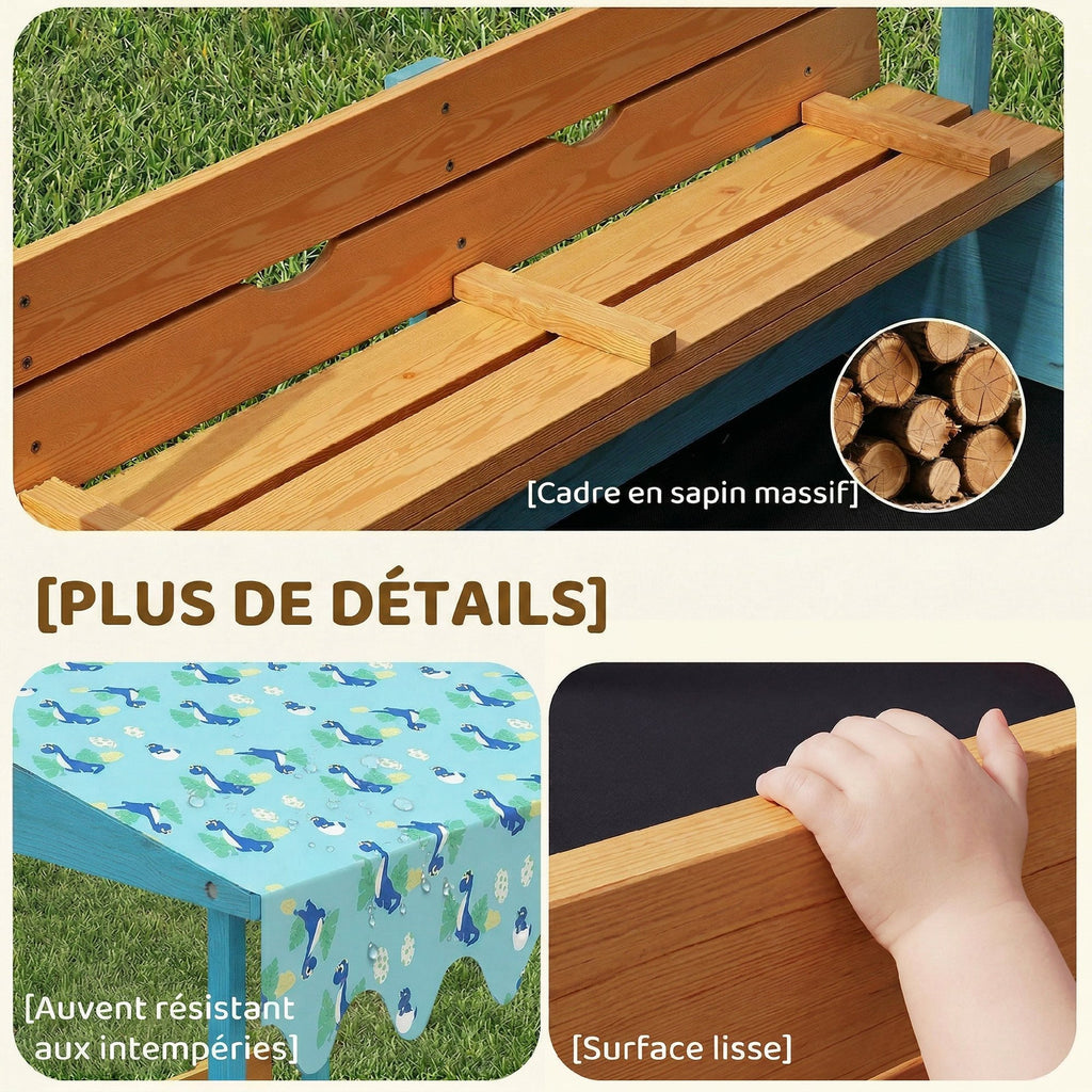 Bac à sable en bois avec couvercle, bac à sable enfant extérieur avec siège pliable toile imprimée flamants bleus-6