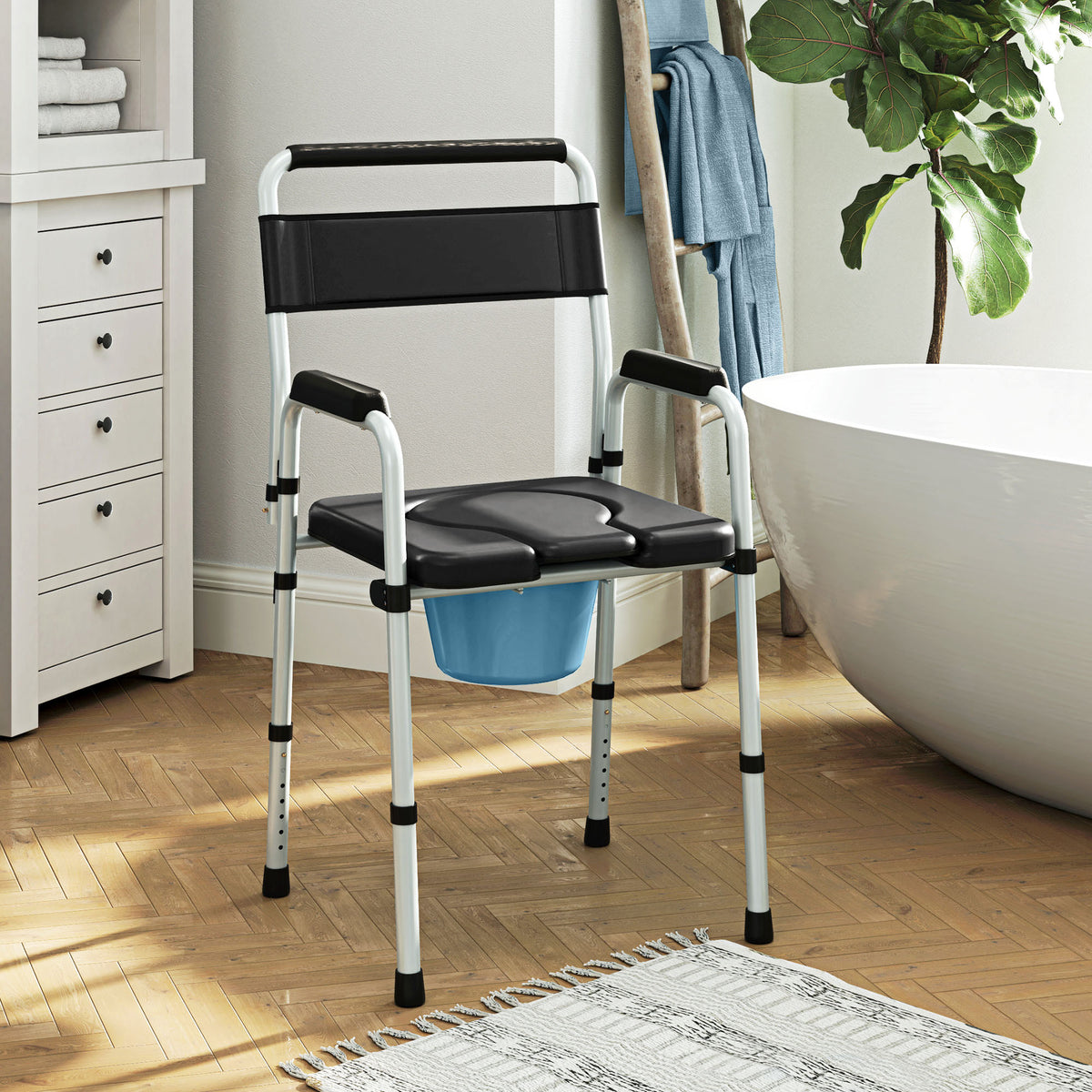 Chaise percée toilette pliable antidérapante hauteur réglable, siège et accoudoirs rembourrés, charge 150 kg, noir-1