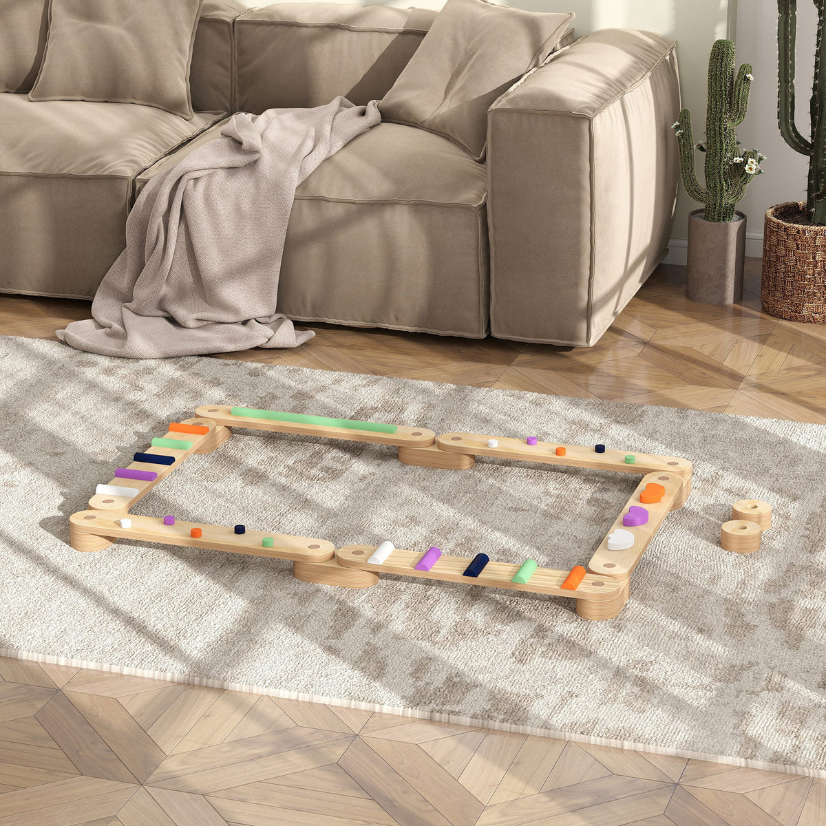 Poutre d'équilibre en bois pour enfants 3-8 ans avec pierres d'obstacle colorées, intérieur et extérieur-9