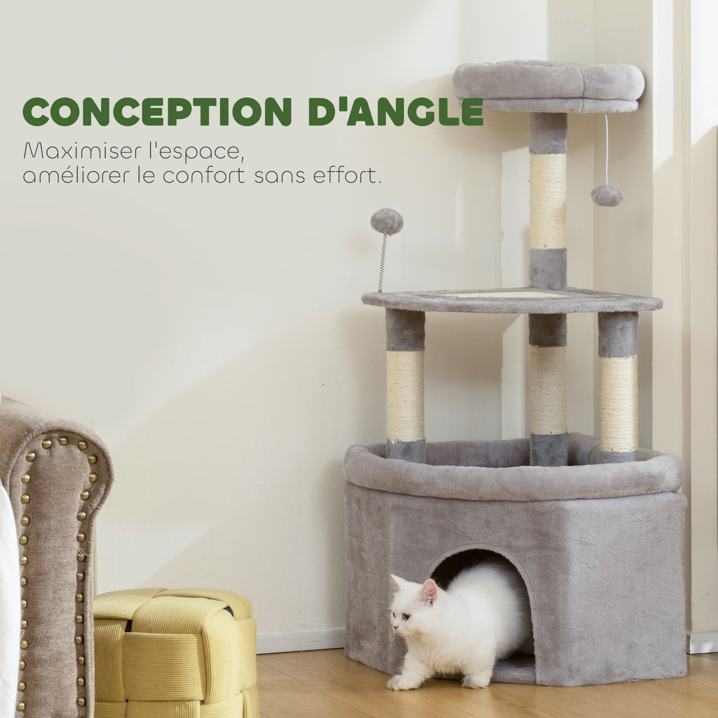 Arbre à chat tour de jeux pour chats griffoirs sisal, plate-forme, niche, tissu peluche, balles, 49x49x114cm gris clair-4