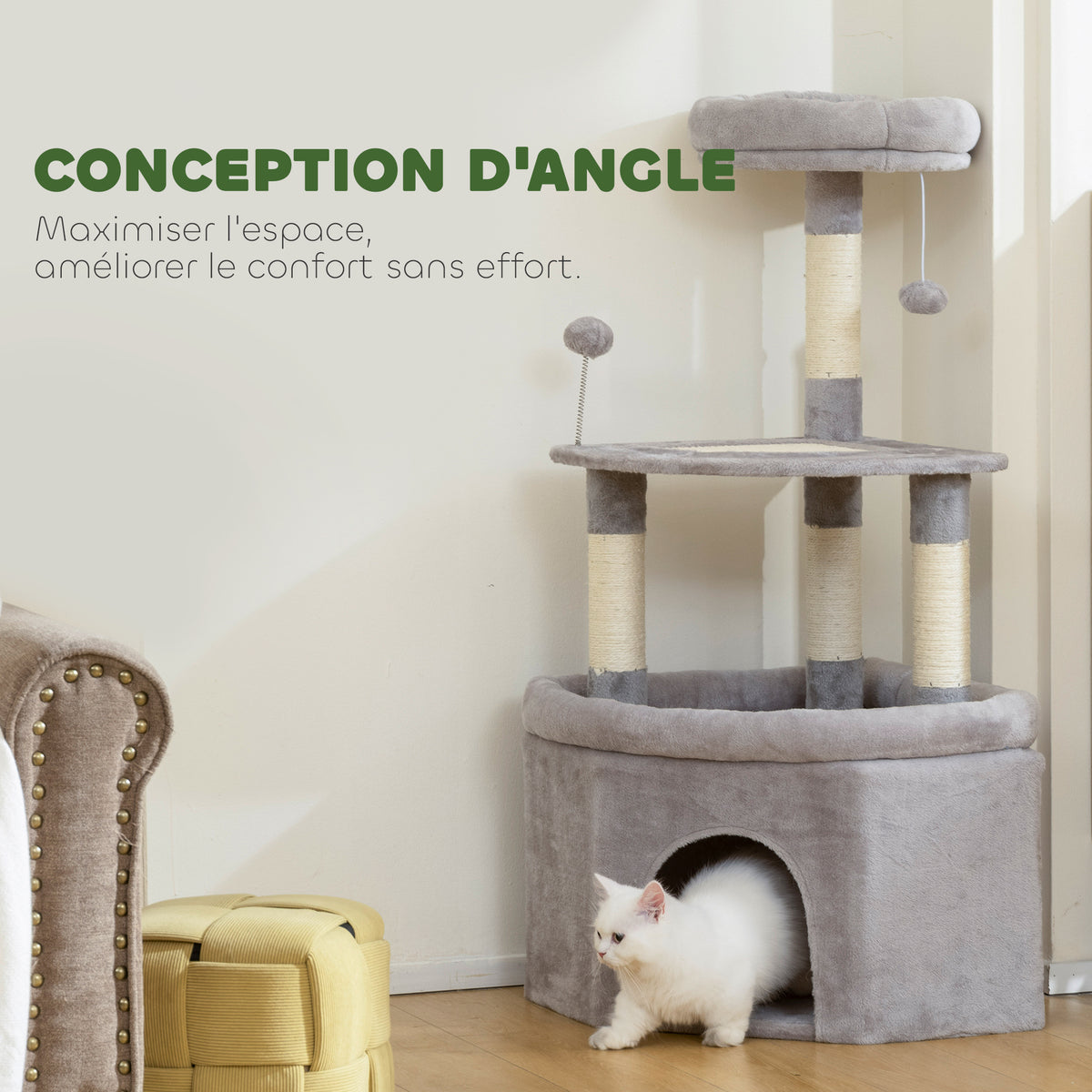 Arbre à chat tour de jeux pour chats griffoirs sisal, plate-forme, niche, tissu peluche, balles, 49x49x114cm gris clair-4