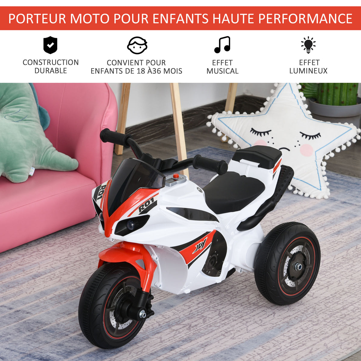 Porteur Enfants Moto de Course Effets musicaux et Lumineux Coffre Rangement Rouge Blanc-5