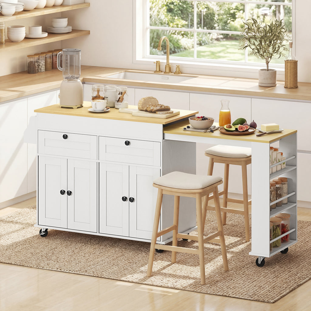îlot central cuisine avec plateau extensible, desserte de cuisine sur roulettes avec 2 tiroirs, 4 portes, blanc-1