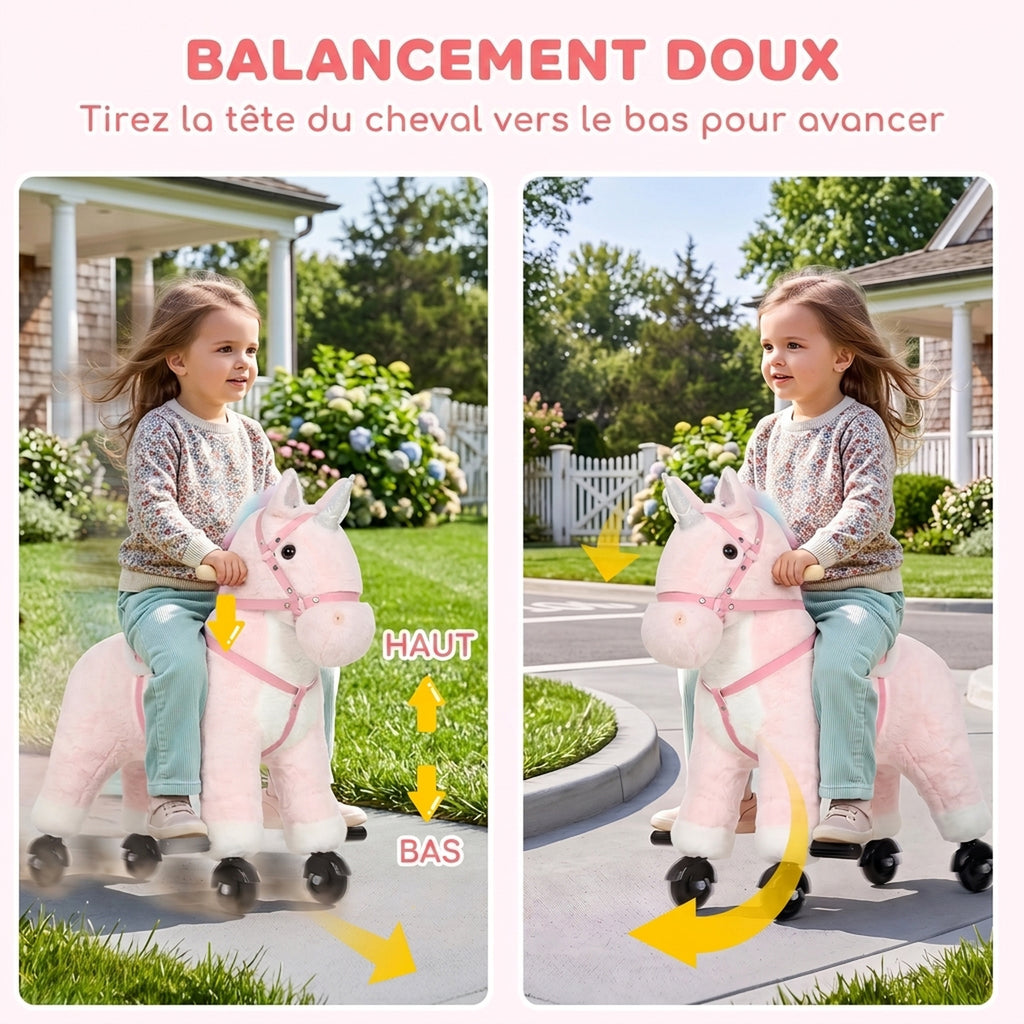 Cheval à Monter pour Enfant, Cheval à Roulettes en Peluche avec Effets Sonores, pour 1 à 3 Ans, Charge Max. 40kg, Rose-5