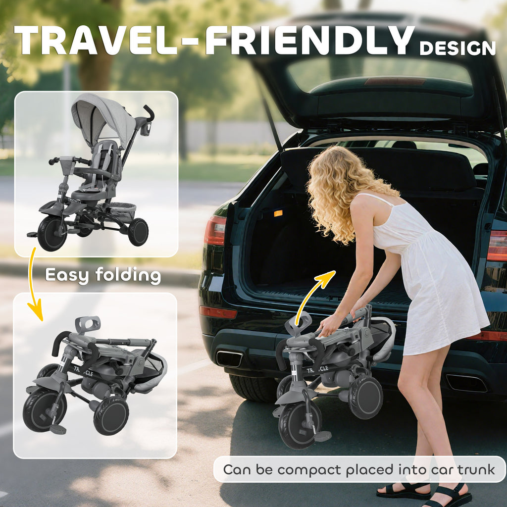 Tricycle bébé évolutif 6 en 1, tricycle enfant pliable avec poignée parentale réglable, siège pivotant 360°, gris-7
