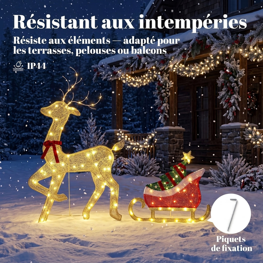 Renne et traîneau lumineux, décoration de Noël extérieure, 95 LED blanc chaud, 8 modes, minuterie quotidienne-6
