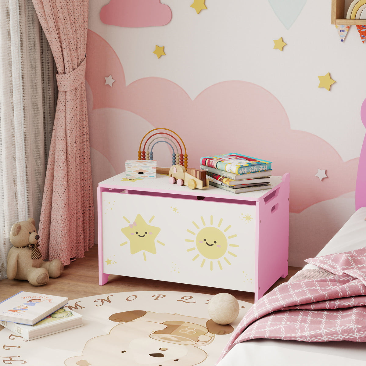Coffre à jouets avec couvercle, coffre de rangement enfant avec charnières de sécurité, 60 x 37 x 39 cm, rose-7