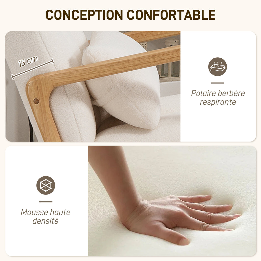Fauteuil à bascule avec repose-pieds, rocking chair en tissu bouclette, pieds en bois, 64,5 x 82 x 89 cm, blanc-4