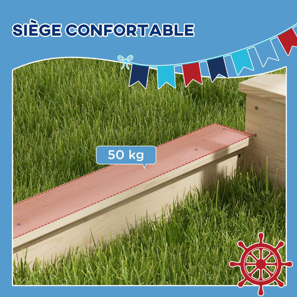 Bac à sable en bois avec jeu de cuisine 6 accessoires coffre rangement gouvernail drapeau 180 x 103 x 144,5 cm naturel-5
