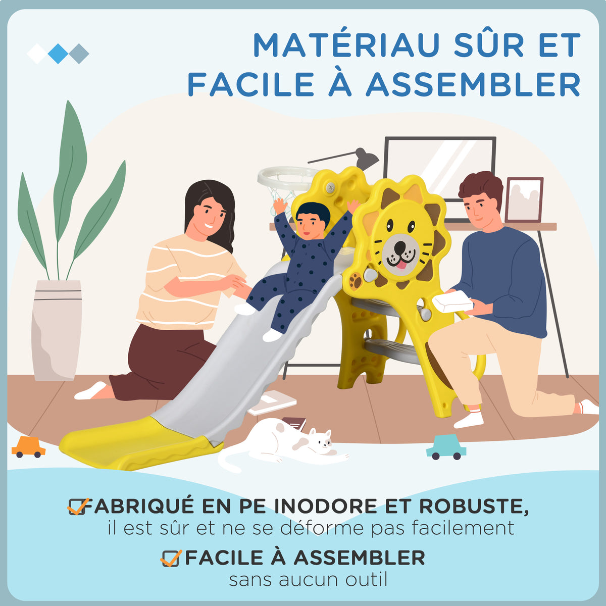 Toboggan pour enfants intérieur extérieur avec panier de basket pour les enfants de 18 à 36 mois, jaune, gris-6