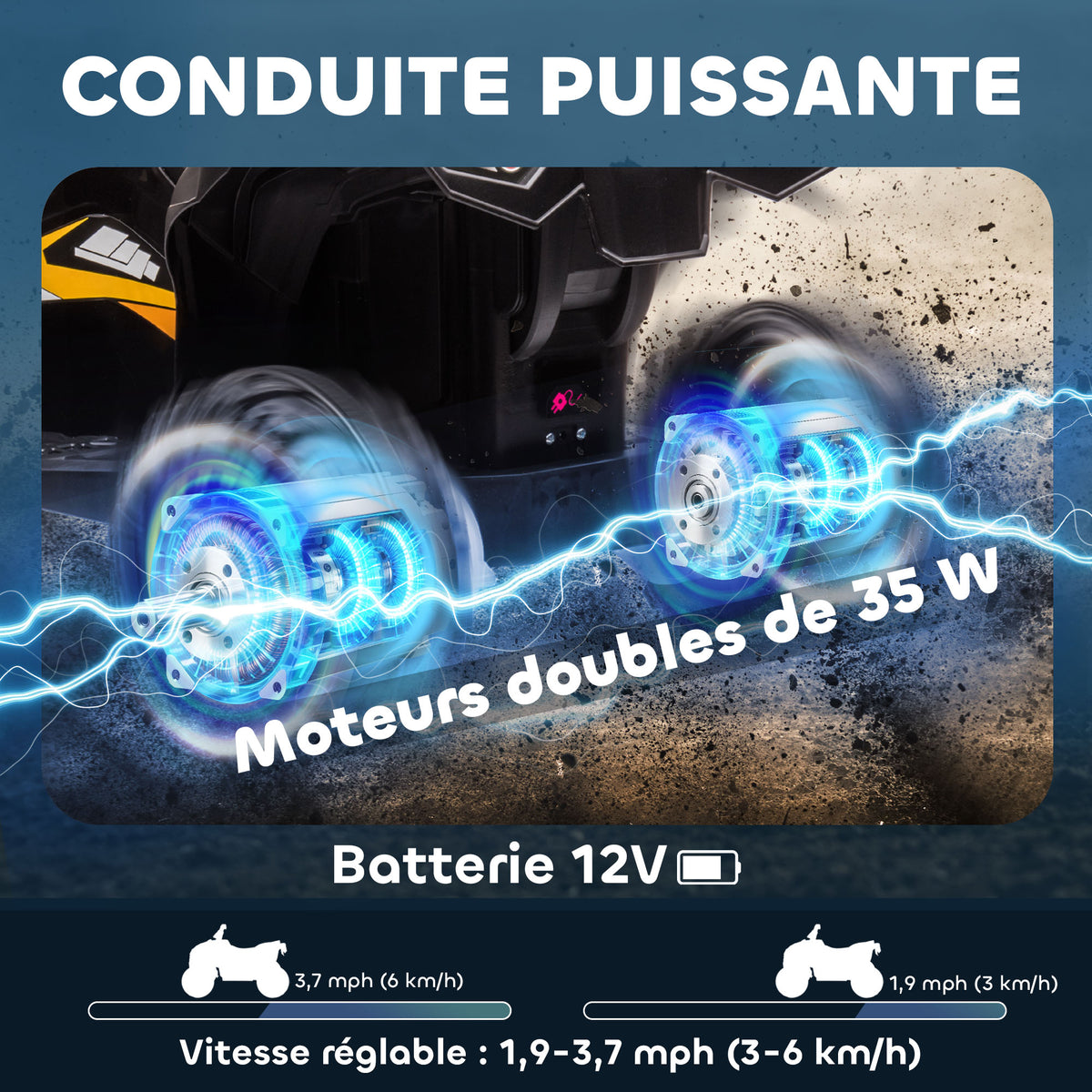 Quad électrique enfant 12 V, voiture électrique enfants 2 moteurs 2 vitesses 3-6 km/h, phares LED, klaxon, pour enfant de 3 à 5 ans, poignée et selle ergonomique, jaune-3