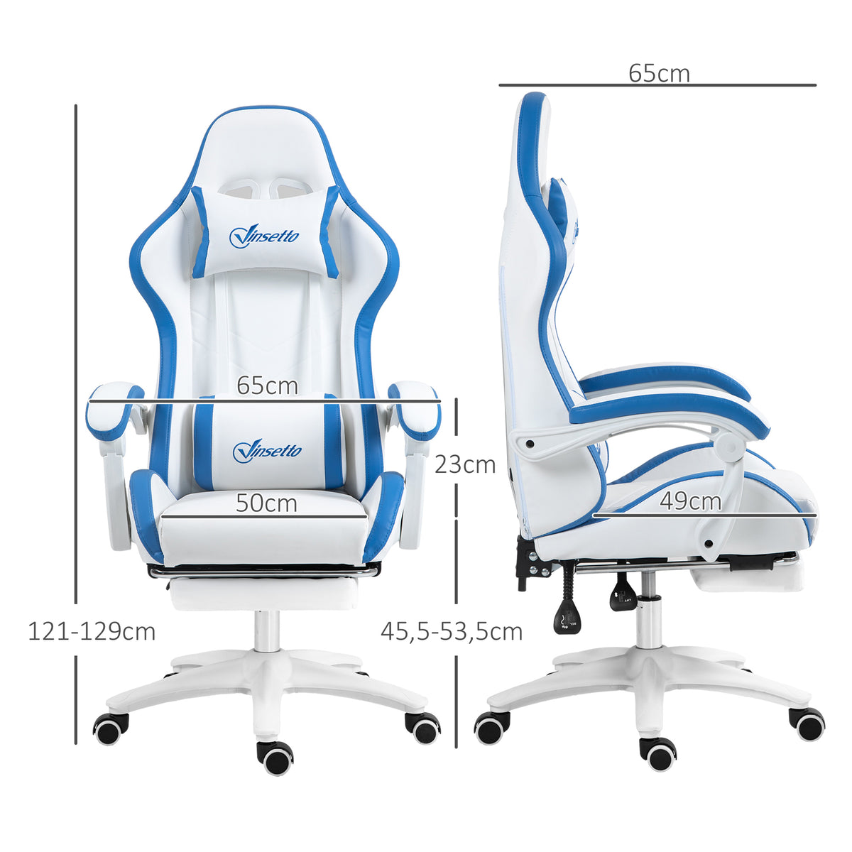Chaise gaming fauteuil gaming ergonomique avec dossier inclinable à 135° et soutien lombaire, 65 x 65 x 121-129 cm blanc-2