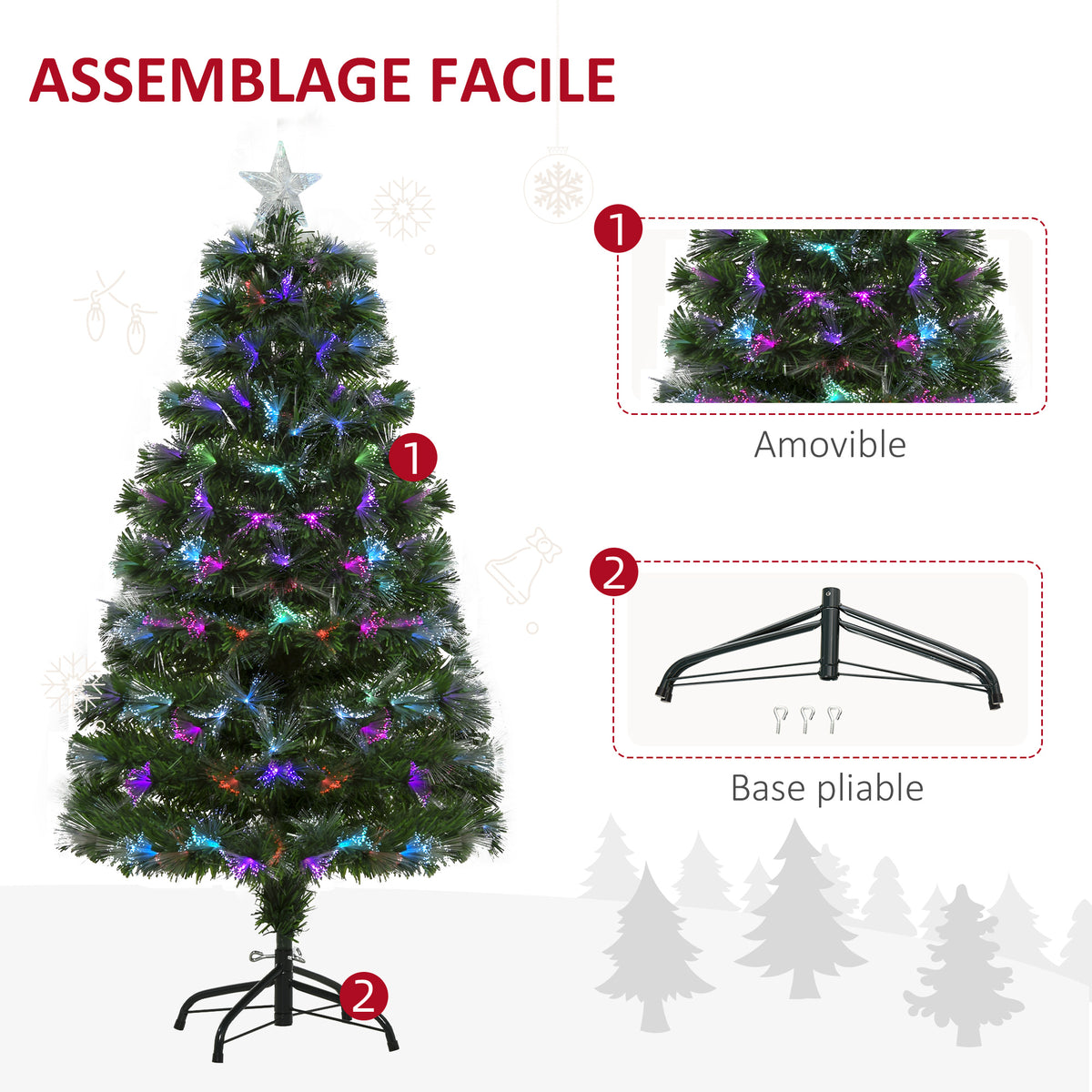 Sapin Noël Artificiel Arbre Noël Lumineux 120cm Fibre Optique Deco Noël lumière à Variation Couleurs 130 LED Vert-5