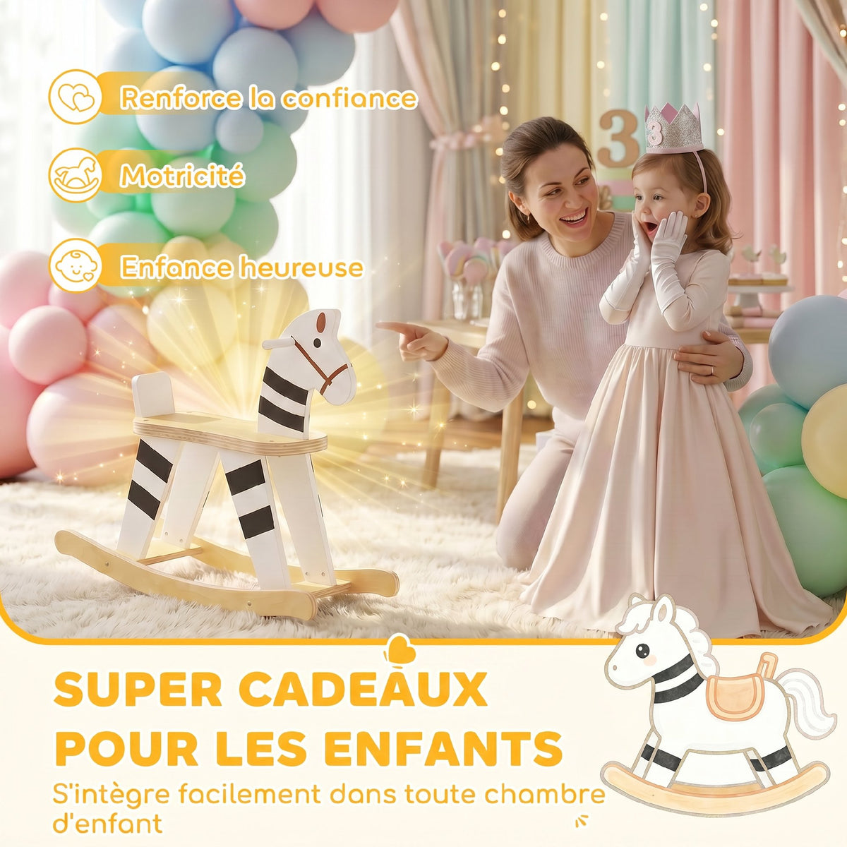 Cheval à Bascule pour Enfant, Jouet à Bascule pour Enfant avec Base en Bois et Dossier, 18 Mois à 3 Ans, Noir et Blanc-6