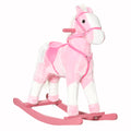 Cheval à Bascule en Bois et Peluche pour Enfant Cheval de Cowboy peluche Pour Enfants de 3-6 Ans Jouet balançoire avec Effet sonore Selle rênes Rose Blanc-0