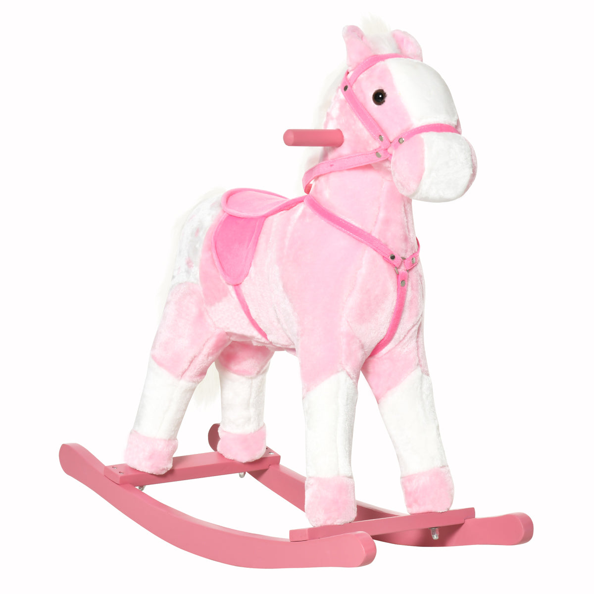 Cheval à Bascule en Bois et Peluche pour Enfant Cheval de Cowboy peluche Pour Enfants de 3-6 Ans Jouet balançoire avec Effet sonore Selle rênes Rose Blanc-0