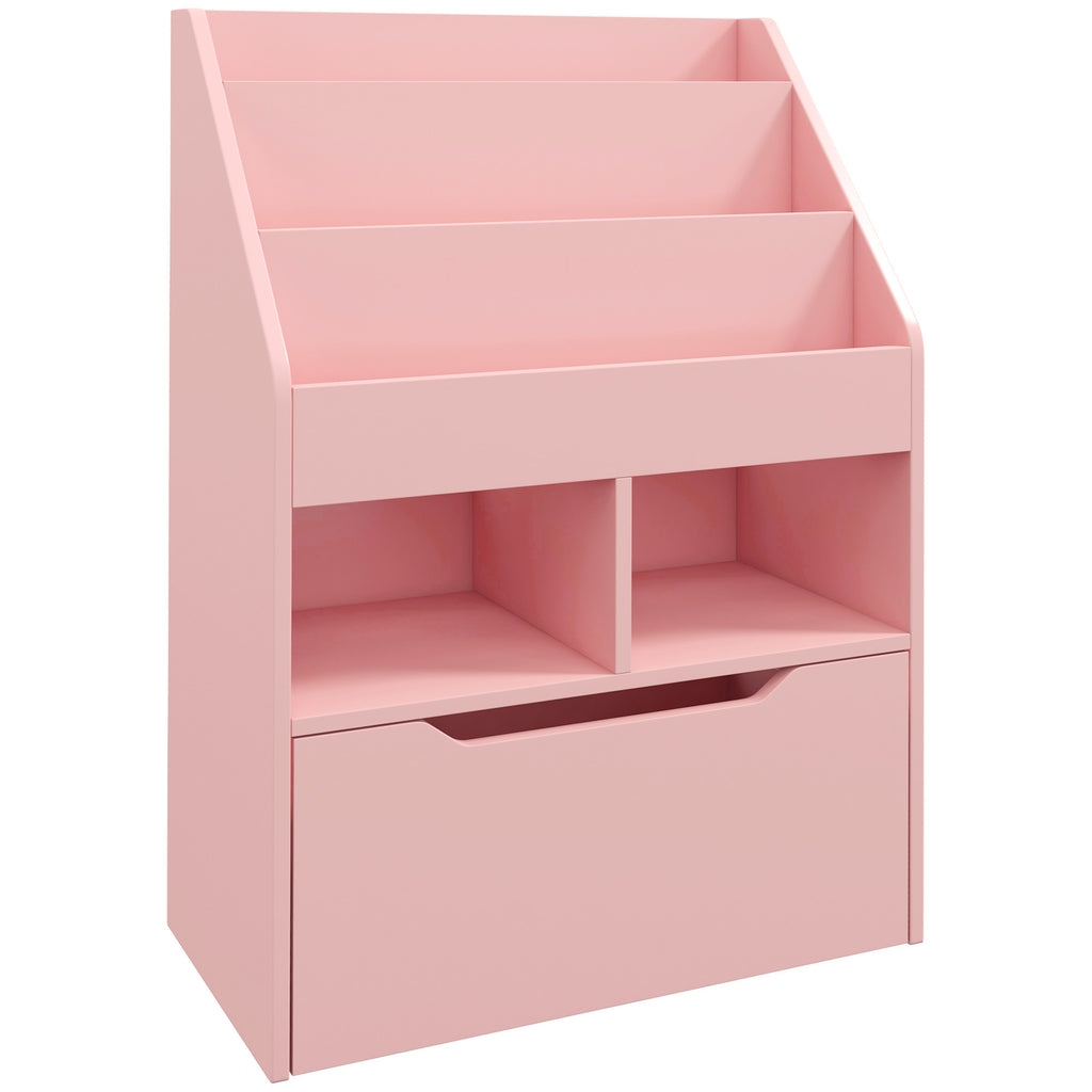 Bibliothèque étagère Multi-Rangement 3 étagères 2 niches Grand tiroir en bois Rose-0
