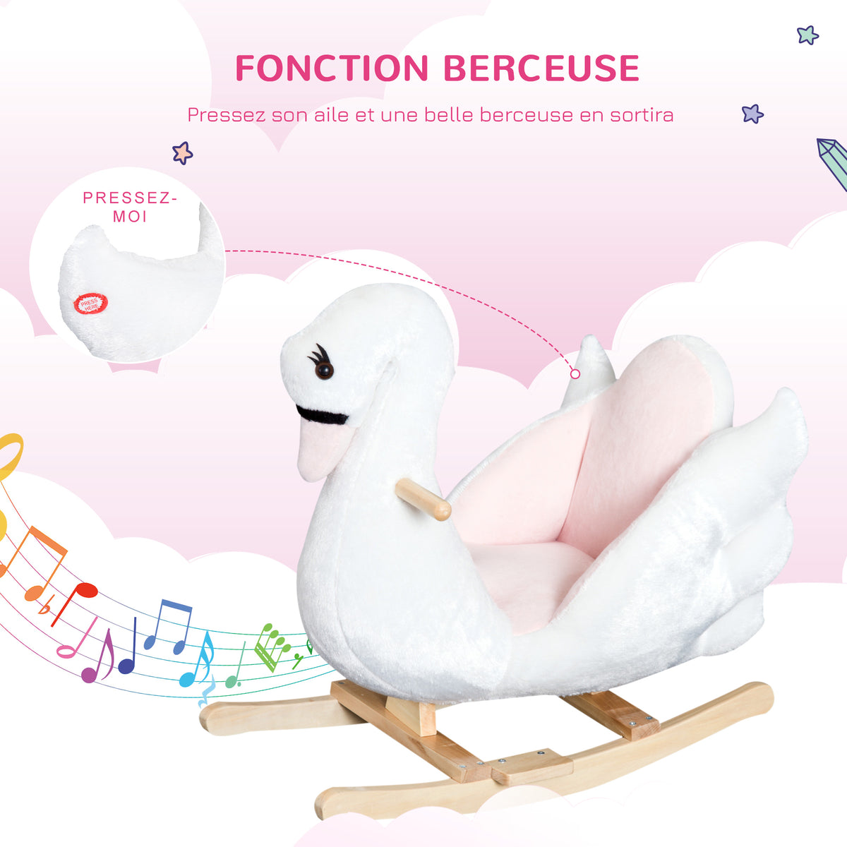 Jouet à bascule cygne à bascule pour enfant de 18 mois et plus fonction musique pieds en bois - blanc et rose-3