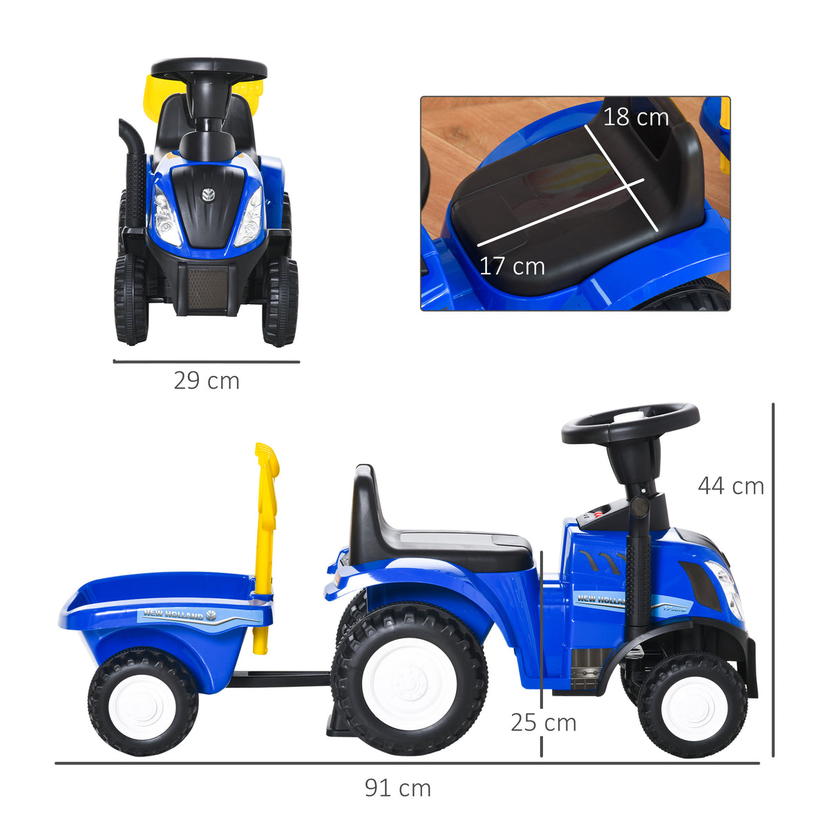 Porteur tracteur enfants avec coffre amovible, râteau et pelle, voiture enfants avec lumière LED et klaxon, bleu-2