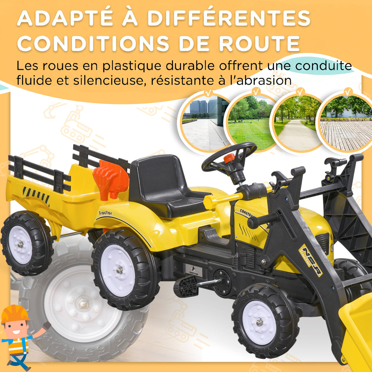 Tracteur à pédales tractopelle avec remorque Pelle et râteau Jeu de Plein air Enfants à partir de 3 Ans Jaune Noir-5