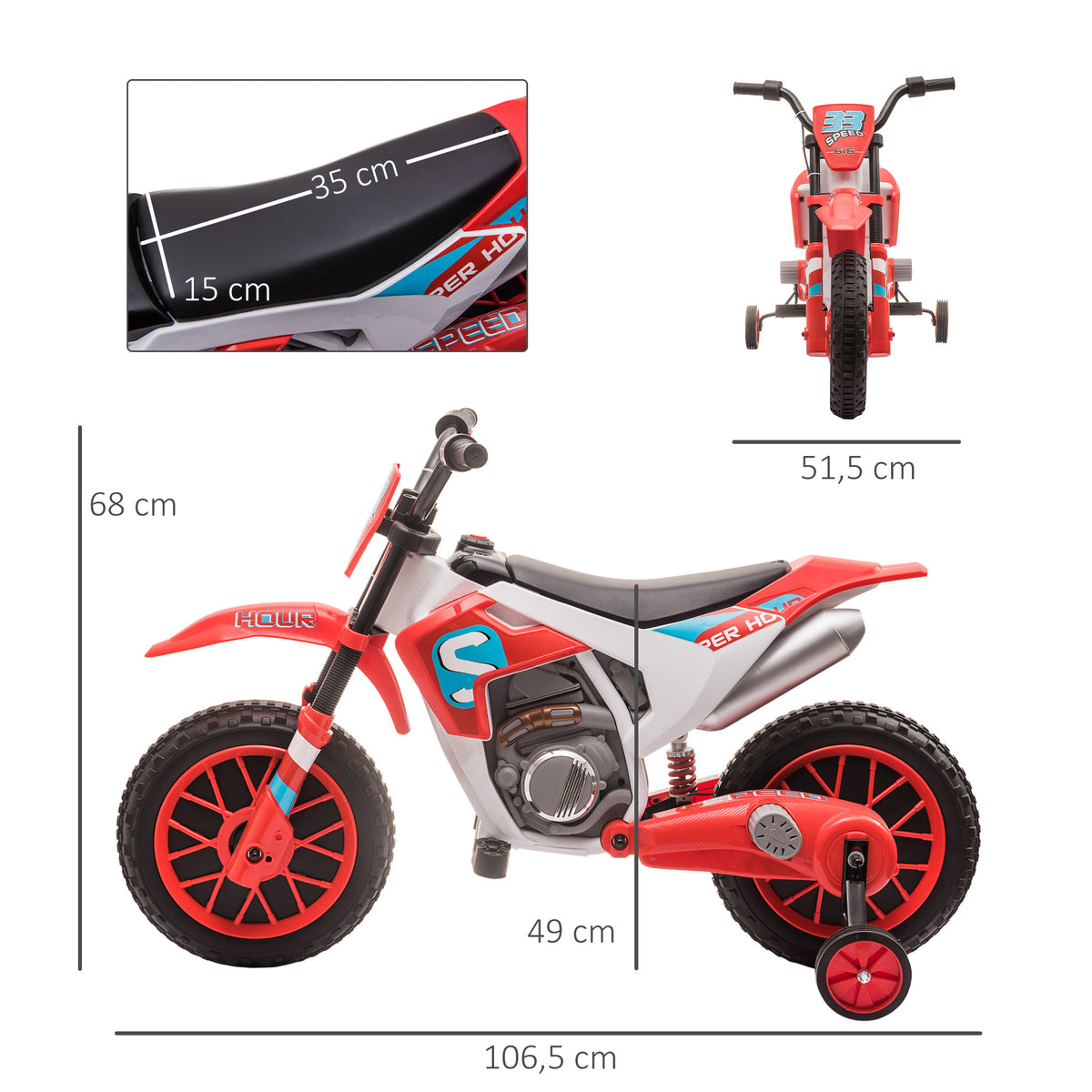 Moto Cross électrique Enfant 3 à 6 Ans 12 V 3-8 Km/h avec roulettes latérales Amovibles 106,5x51,5x68cm Rouge-2