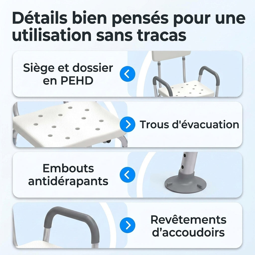 Tabouret de Douche Réglable en Hauteur à 5 Niveaux, Chaise de Douche, Accoudoirs Rembourrés et Coussin Amovible, Gris-4