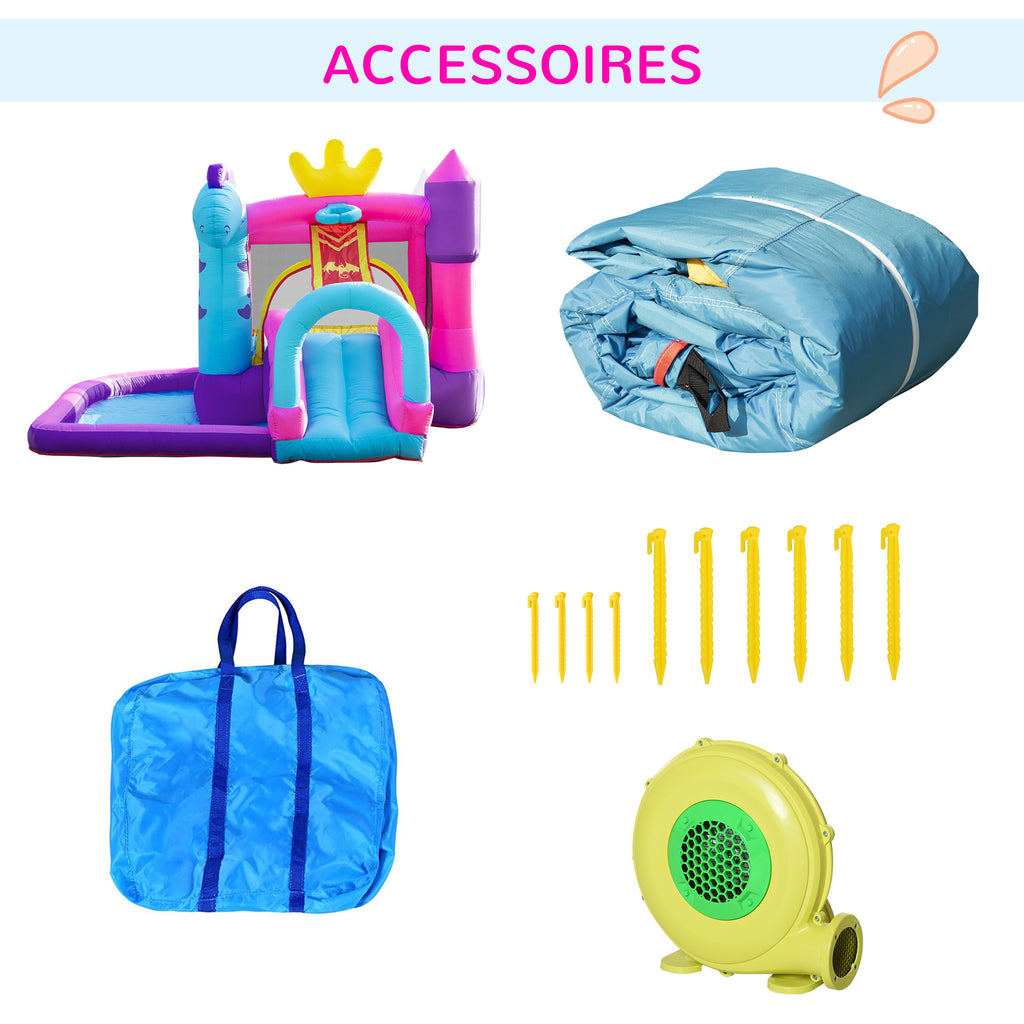 Château Gonflable avec Toboggan, Trampoline, Aire de Jeux Piscine et Panier Jusqu'à 3 Enfants +3 Ans gonfleur et Sac de Transport Souffleur 350W inclus dim. 300L x 270l x 200H cm Multicolore-7