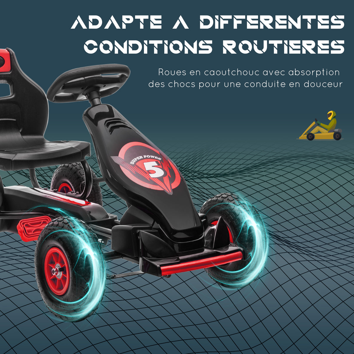 Kart à pédales pour enfant siège réglable 3 positions frein à main enfant de 5 à 12 ans rouge noir-5