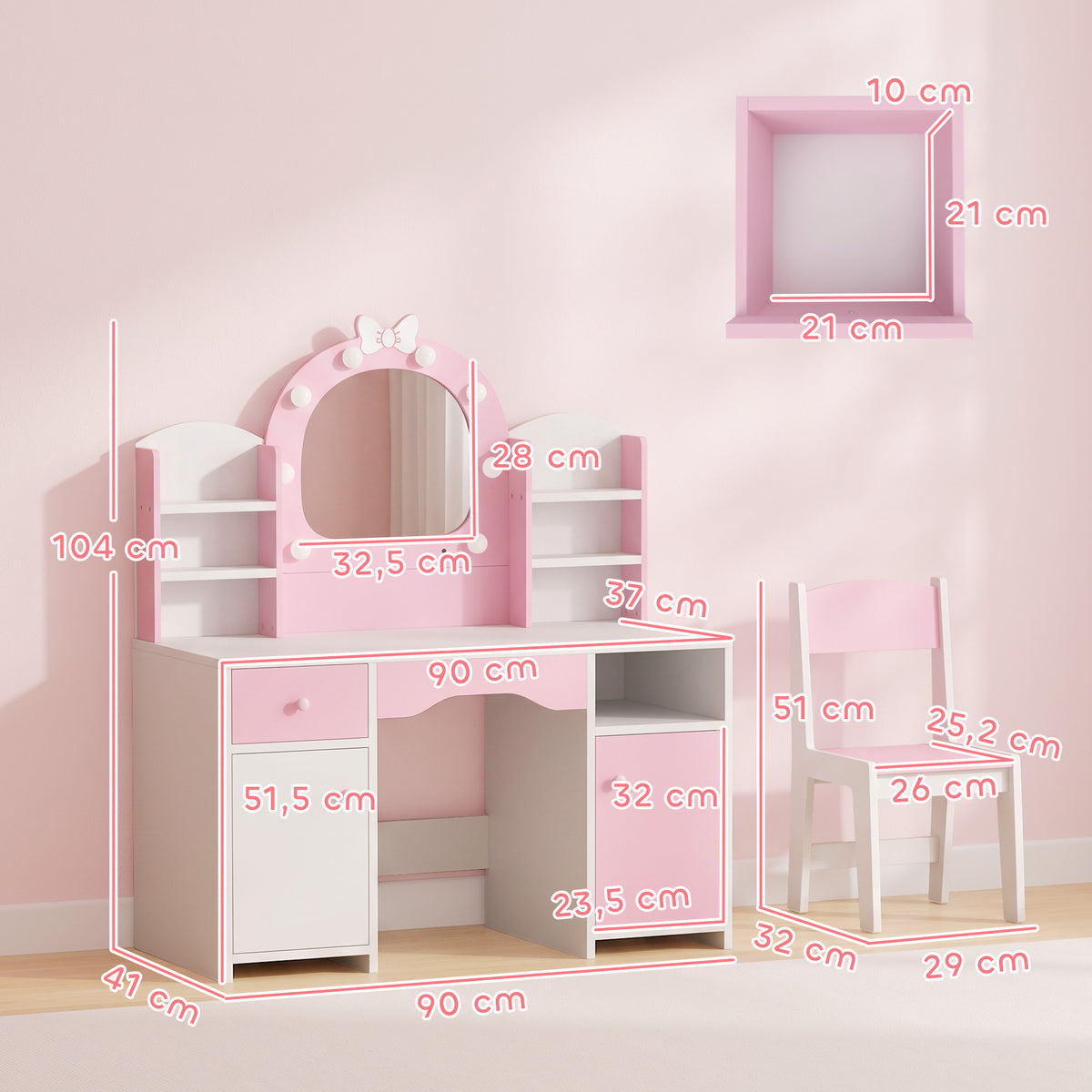 Coiffeuse pour Enfants avec Tabouret et Miroir Lumineux à 2 Couleurs en Acrylique, pour 3-8 Ans, 90 x 41 x 104 cm, Rose-2