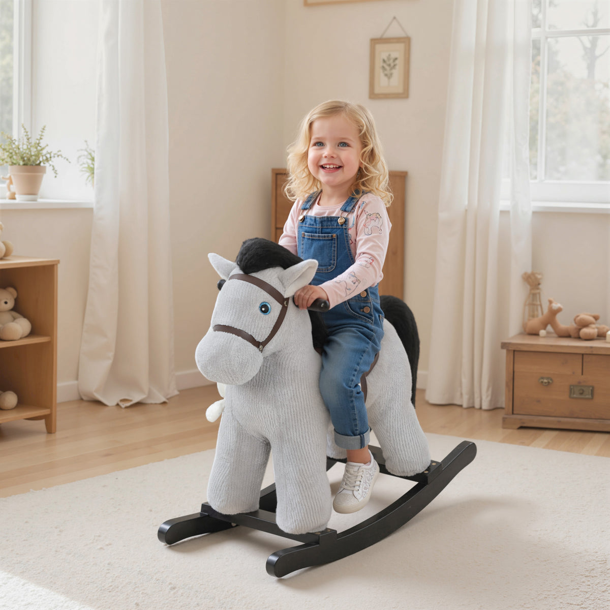 Cheval à bascule pour enfants, jouet à bascule bébé en peluche avec eouetffet sonore et poupée, 65 x 26 x 55 cm, gris-9