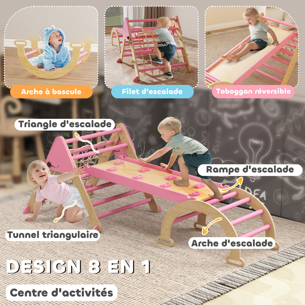 Triangle d'escalade enfants 8 en 1 avec rampe double face, arc d'escalade en bois avec toboggan & échelle, rose-3